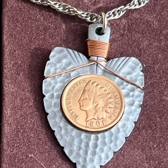Vintage Ronte Of Hollywood 1901 Indian Head Penny Arrow Head Pendant Necklace - Picture 5 of 5